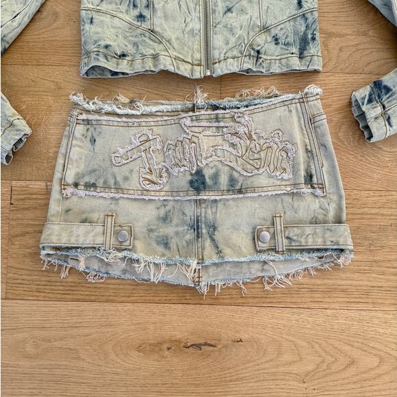 I.AM.GIA - Zarria Moto Denim Jacket & Mini Skirt in Bleached Blue - Picture 2 of 6